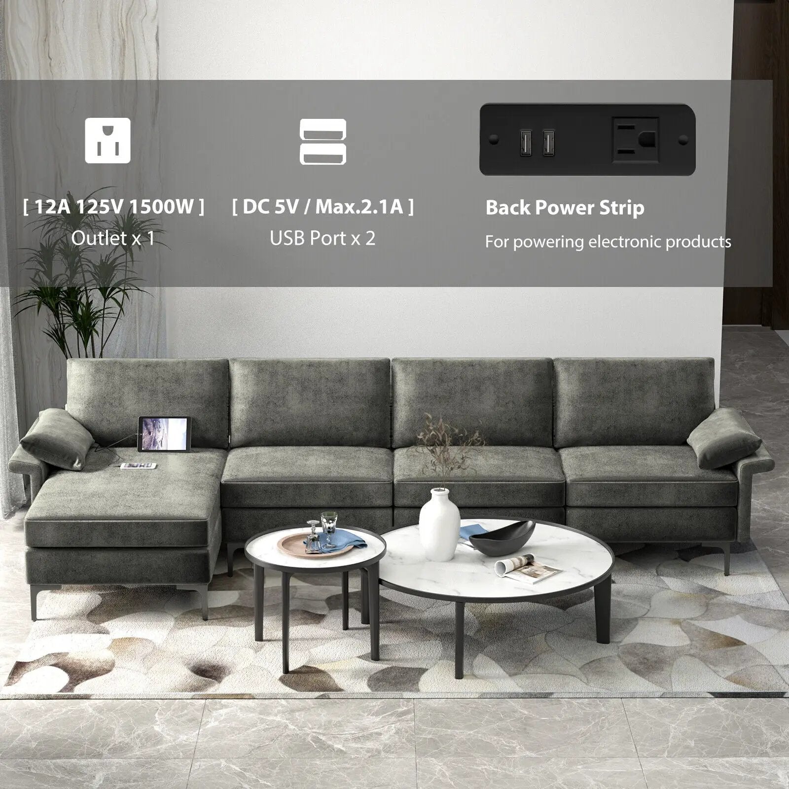 Extra Large L-shaped Sectional Sofa with Reversible Chaise and 2 USB Ports for 4-5 People by DirectDeals