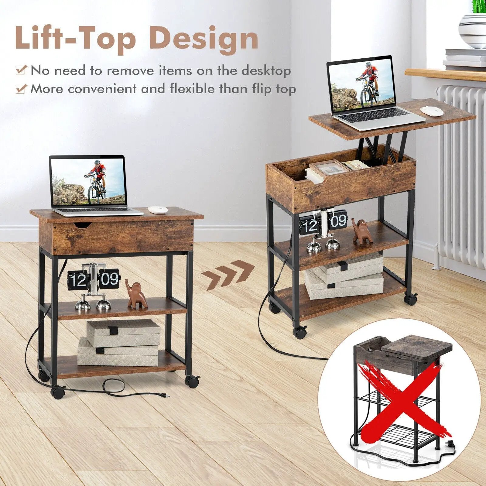 Lift Top End Table with Charging Station and Universal Wheels-Rustic Brown by DirectDeals