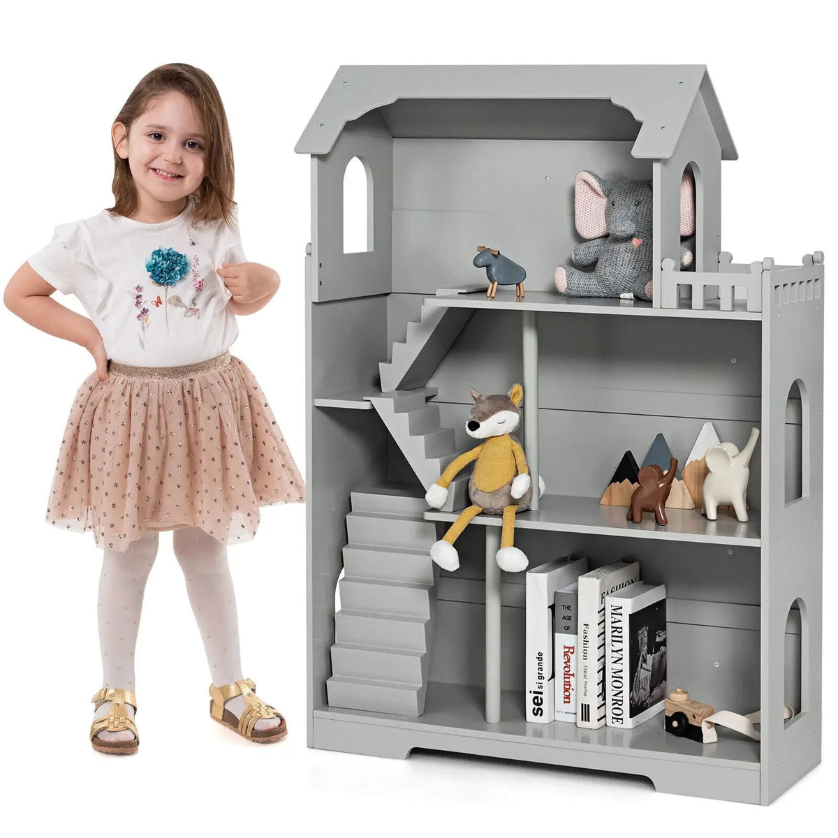 Kids Wooden Dollhouse Bookshelf with Anti-Tip Design and Storage Space, photo 5 of 16