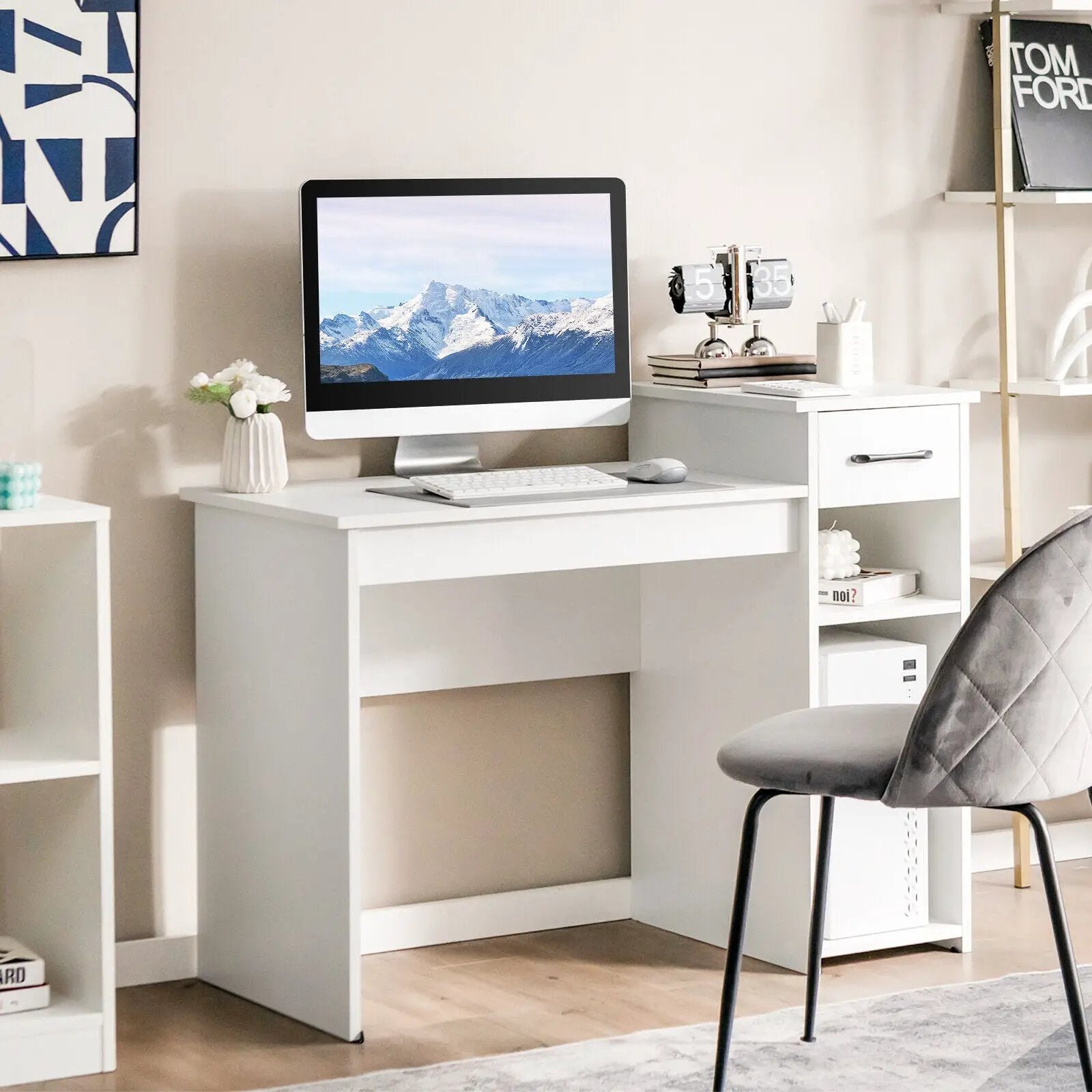 Computer Desk PC Laptop Table with Drawer and Shelf-White by DirectDeals