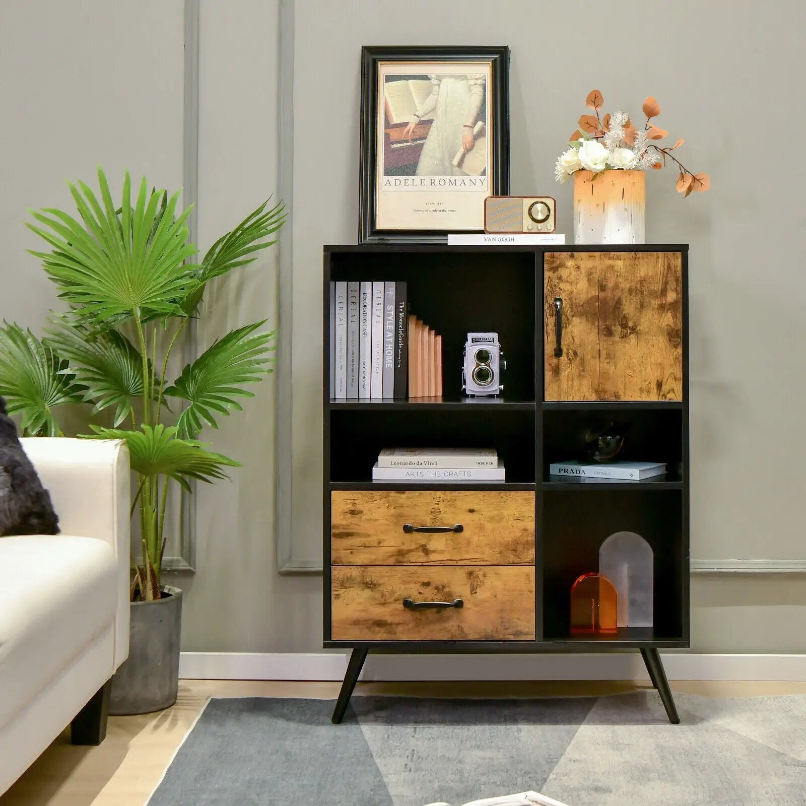 Industrial Buffet Sideboard Kitchen Cupboard with Cubbies Drawers-Rustic Brown by DirectDeals