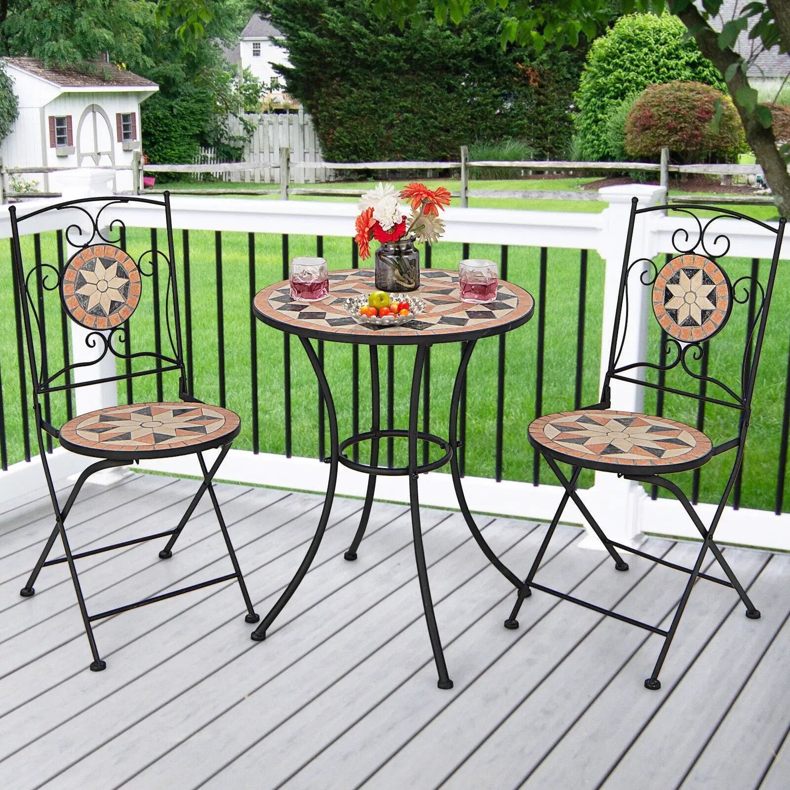 3 Pieces Patio Bistro Set with 1 Round Mosaic Table and 2 Folding Chairs by DirectDeals