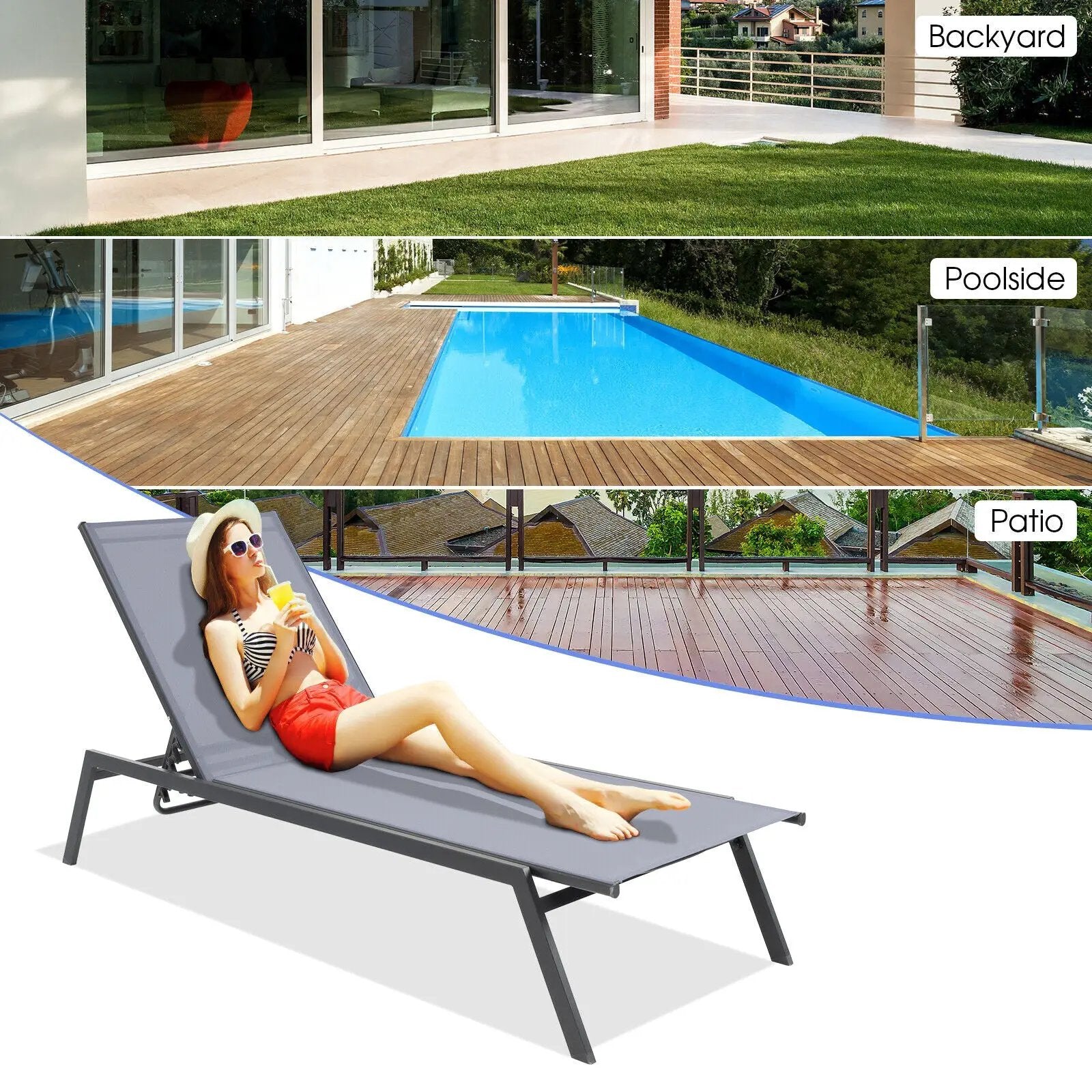 Outdoor Adjustable Chaise Lounge Chair with Lay Flat Position and Quick-Drying Fabric by DirectDeals