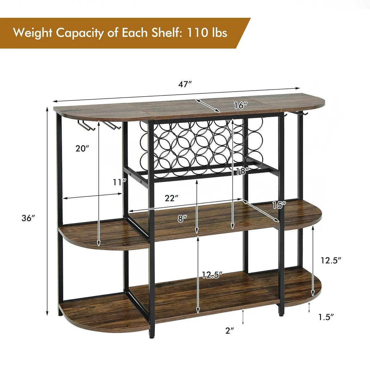 47 Inches Wine Rack Table with Glass Holder and Storage Shelves, photo 5 of 9