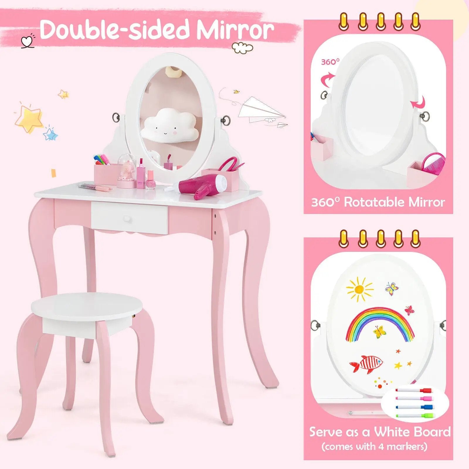 Pretend Kids Vanity Set with 360° Rotatable Mirror and Play Accessories by DirectDeals