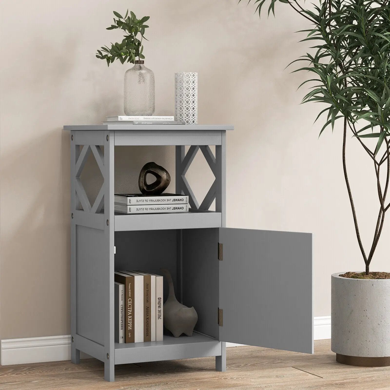 Bathroom Floor Cabinet Side Storage Organizer with Open Shelf and Single Door-Gray by DirectDeals