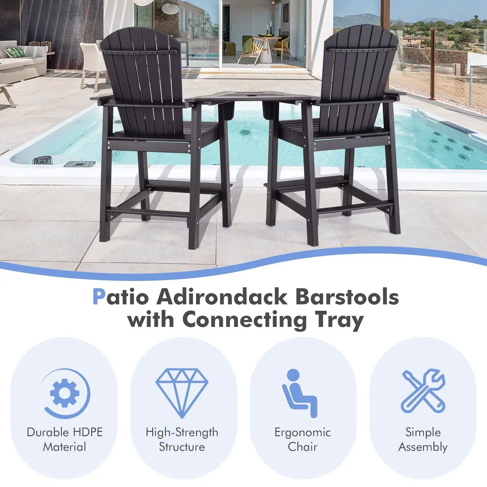 2 Pieces HDPE Tall Adirondack Chair with Middle Connecting Tray by DirectDeals