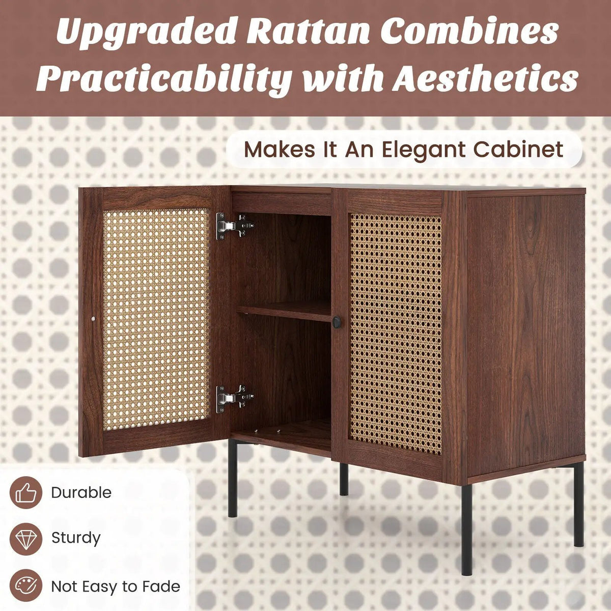 Kitchen Sideboard with 2 Rattan Doors and Adjustable Shelf, photo 2 of 9