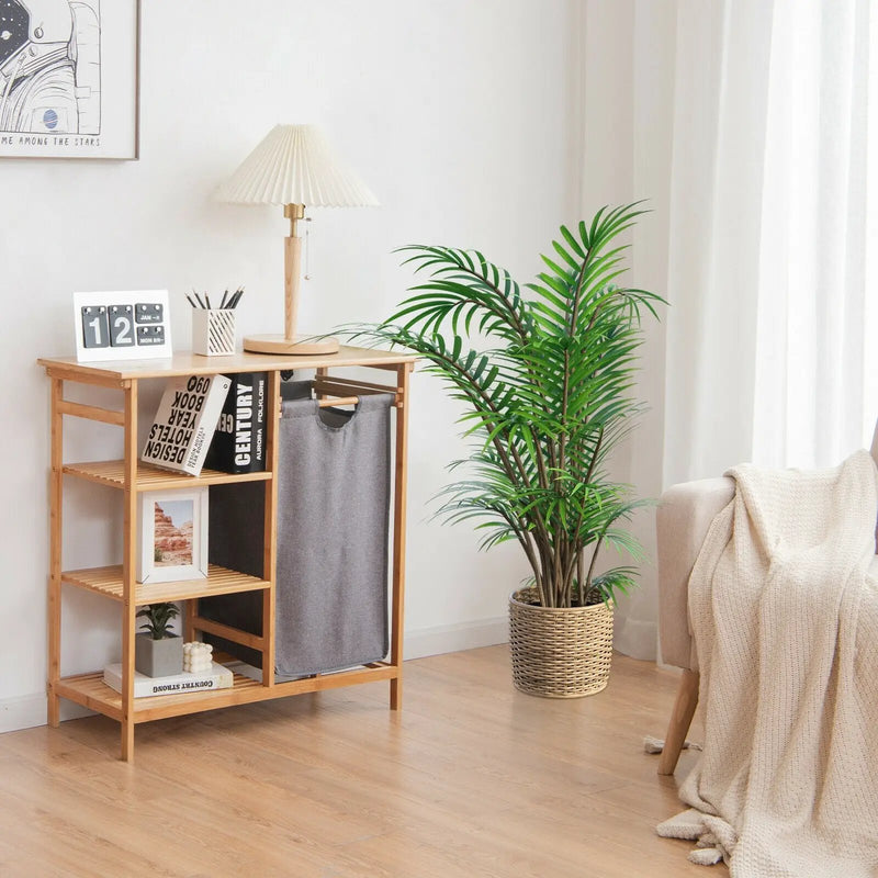 Bamboo Laundry Hamper Stand with Removable Sliding Bag and 3-Tier Open Shelves by DirectDeals