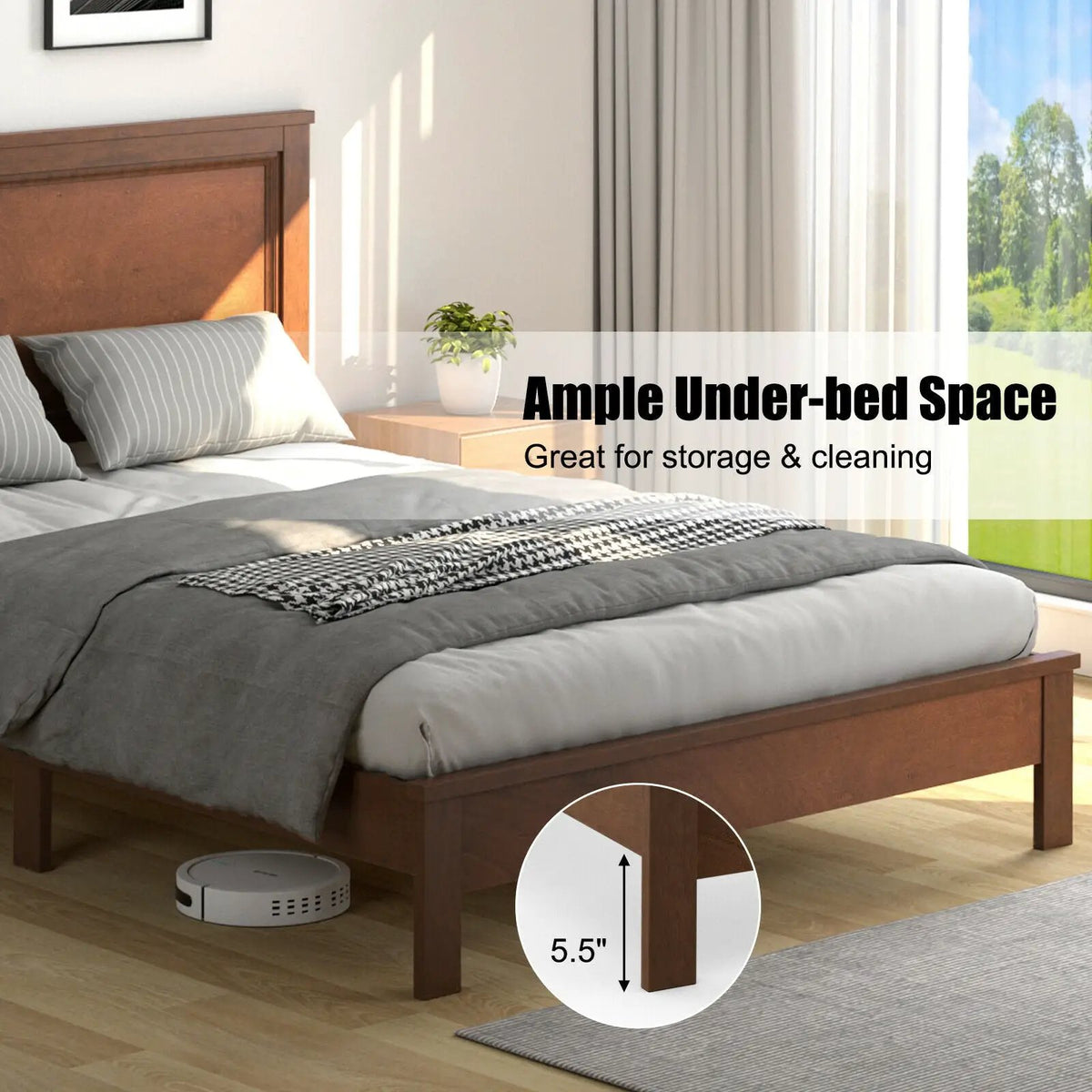 Queen Size Bed Frame Platform Slat High Headboard Bedroom with Rubber Wood Leg, photo 8 of 10