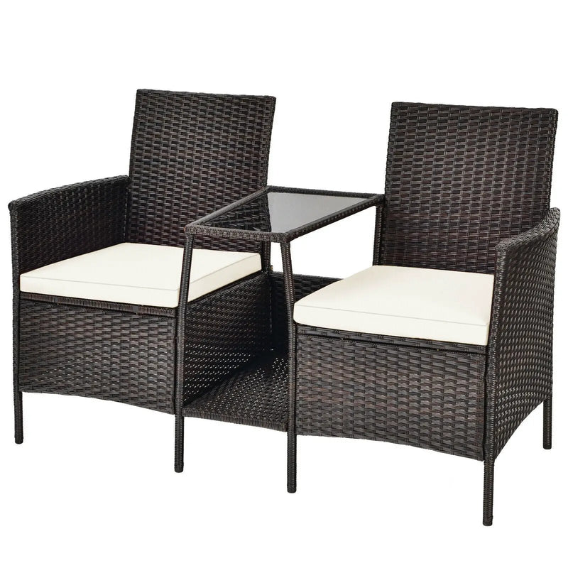 Patio Rattan Wicker Conversation Set Sofa Cushioned Loveseat Glass Table by DirectDeals