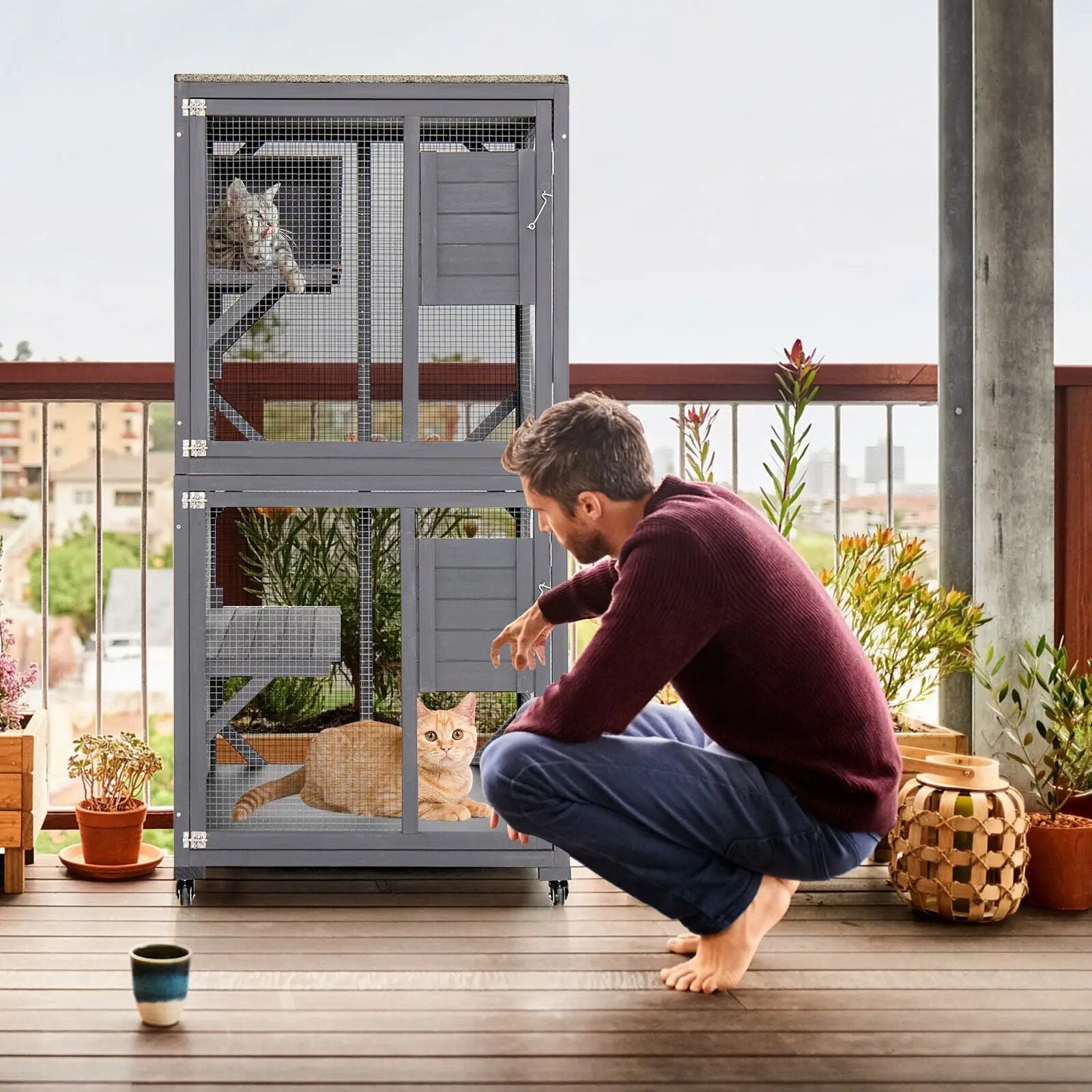 Outdoor Cat House Enclosures on Wheels Kitten Cages with Resting Box-Gray by DirectDeals