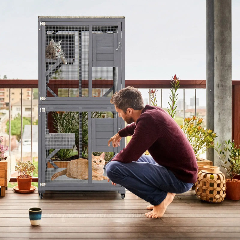 Outdoor Cat House Enclosures on Wheels Kitten Cages with Resting Box-Gray by DirectDeals