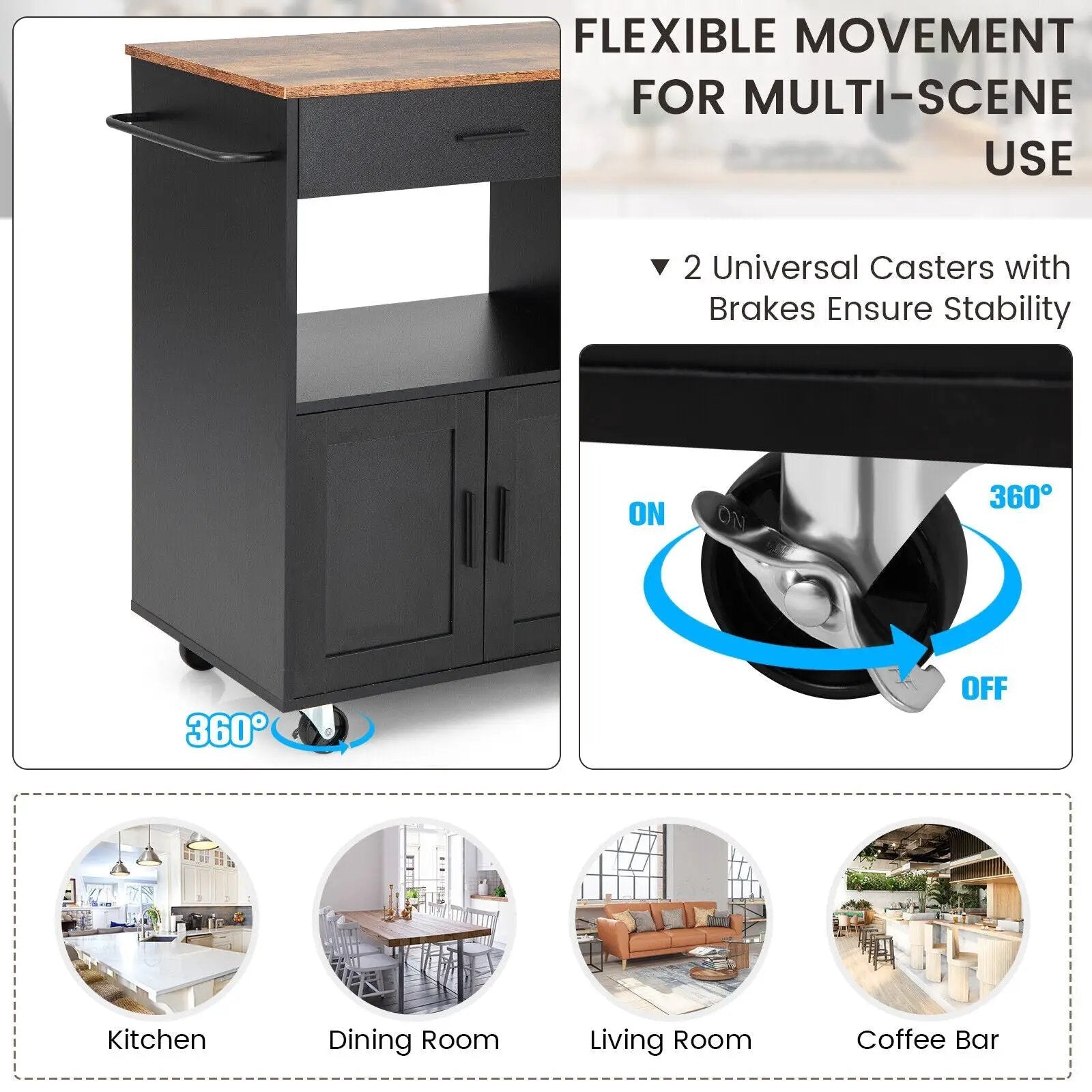 Rolling Kitchen Trolley with 3 Spice Racks Drawer and Open Shelf by DirectDeals