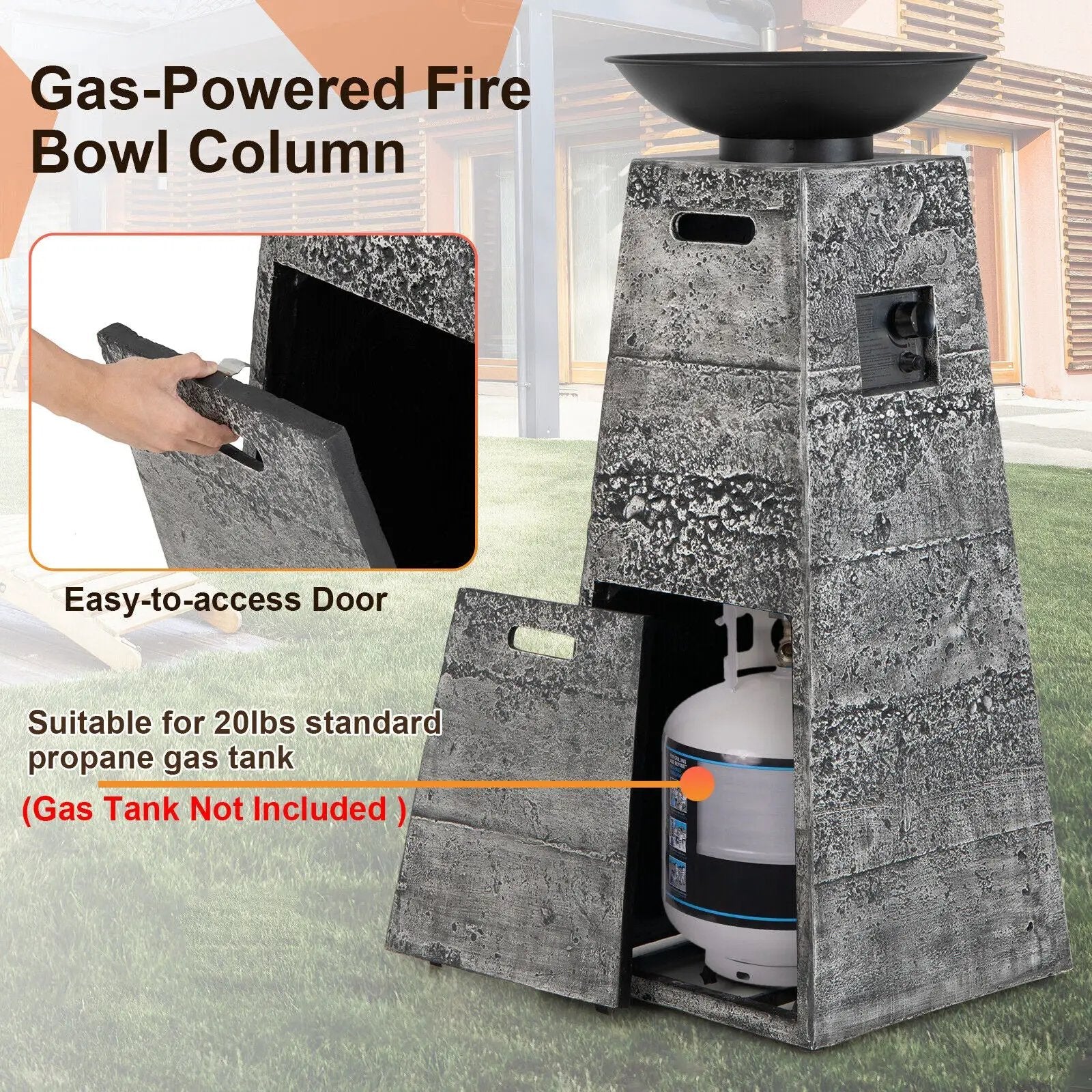 48 Inch Propane Fire Bowl Column with Lava Rocks and PVC Cover-Gray by DirectDeals
