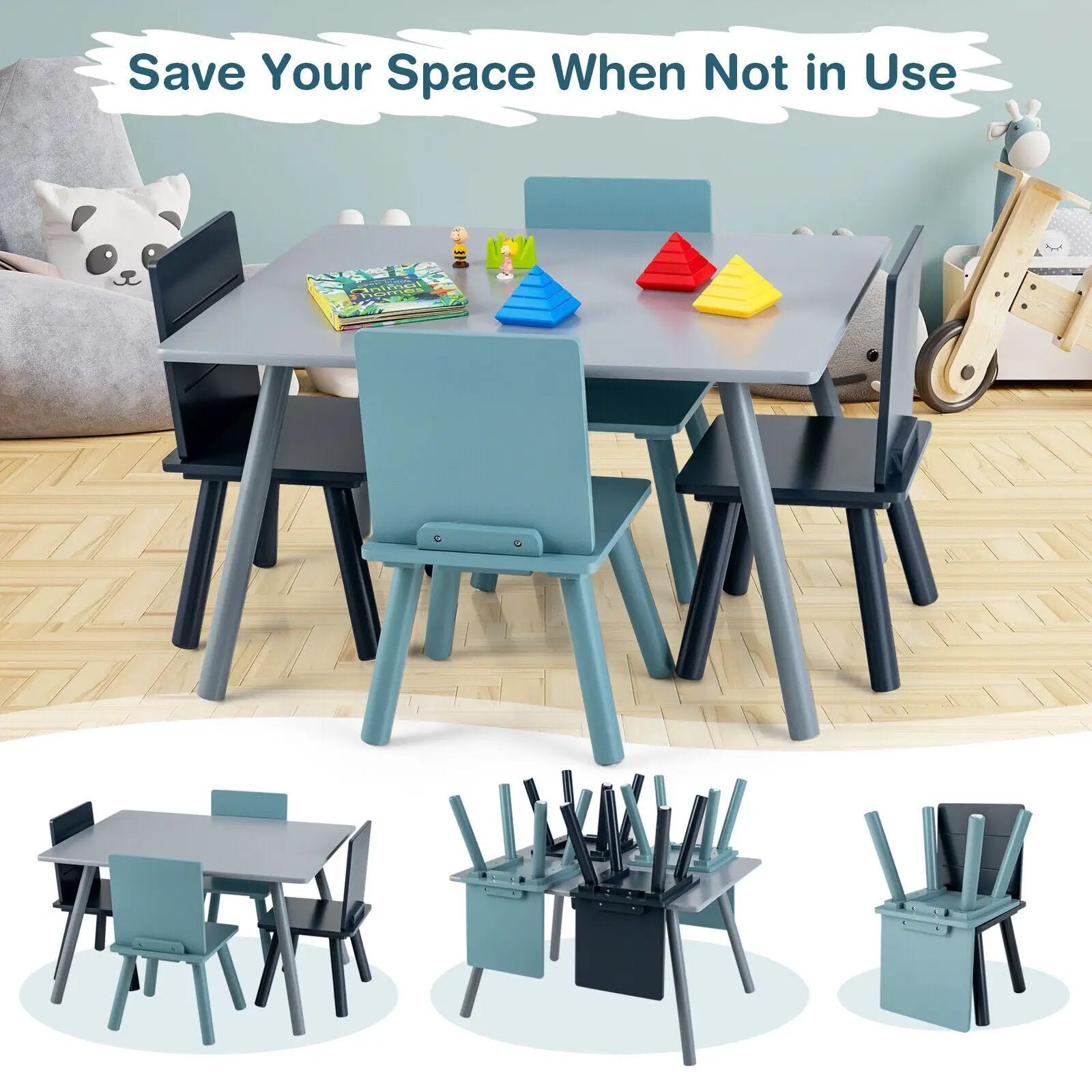 5 Pieces Kids Wooden Activity Play Furniture Set with Building Blocks-Blue by DirectDeals