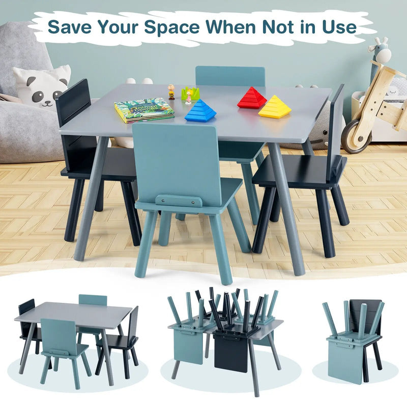 5 Pieces Kids Wooden Activity Play Furniture Set with Building Blocks-Blue by DirectDeals