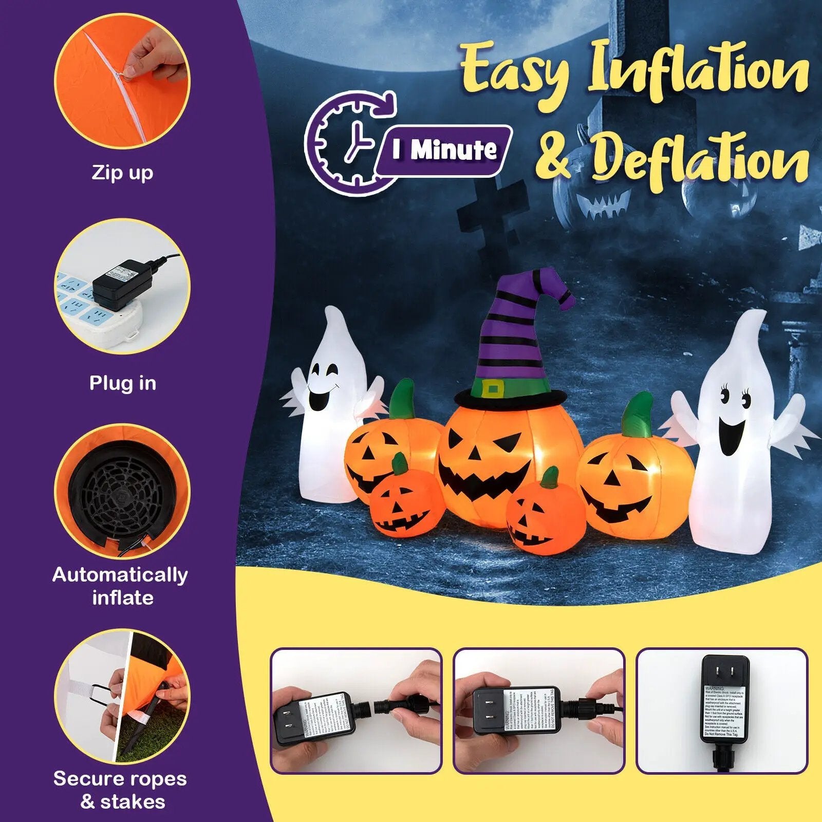 9 Feet Long Halloween Inflatable Pumpkins with 2 Ghosts by DirectDeals