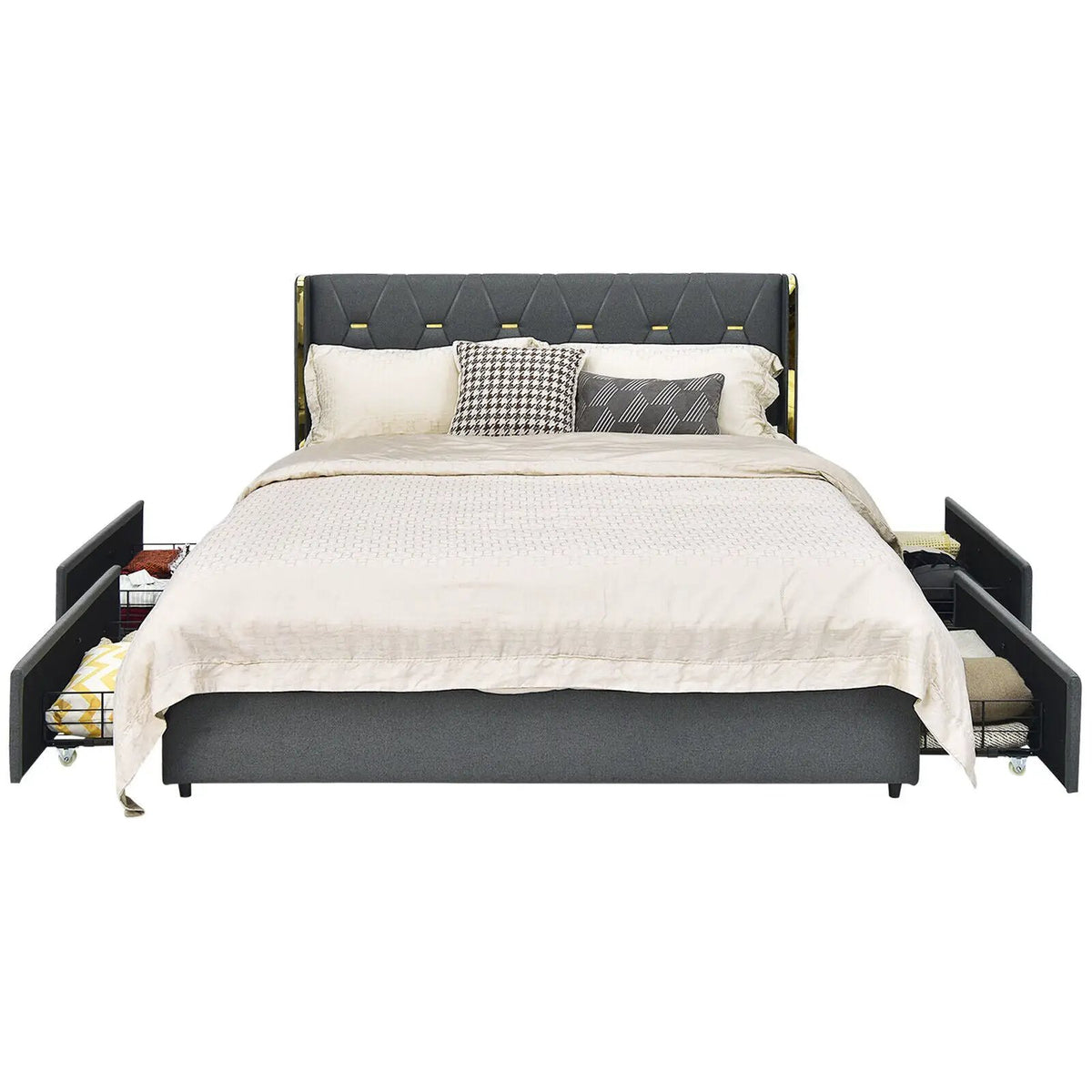 Full/Queen Size Upholstered Bed Frame with 4 Storage Drawers, photo 8 of 9