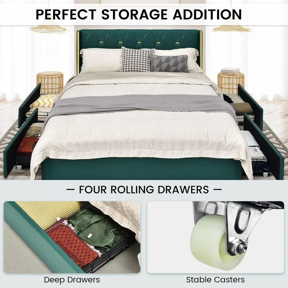 Full/Queen Size Upholstered Bed Frame with 4 Drawers-Green, photo 6 of 9