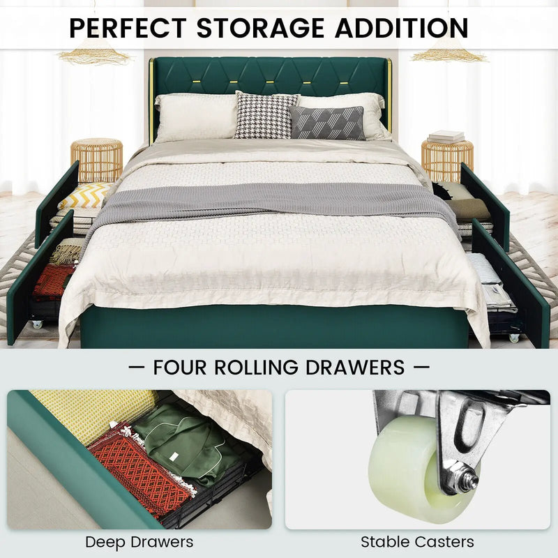 Full/Queen Size Upholstered Bed Frame with 4 Drawers-Green by DirectDeals