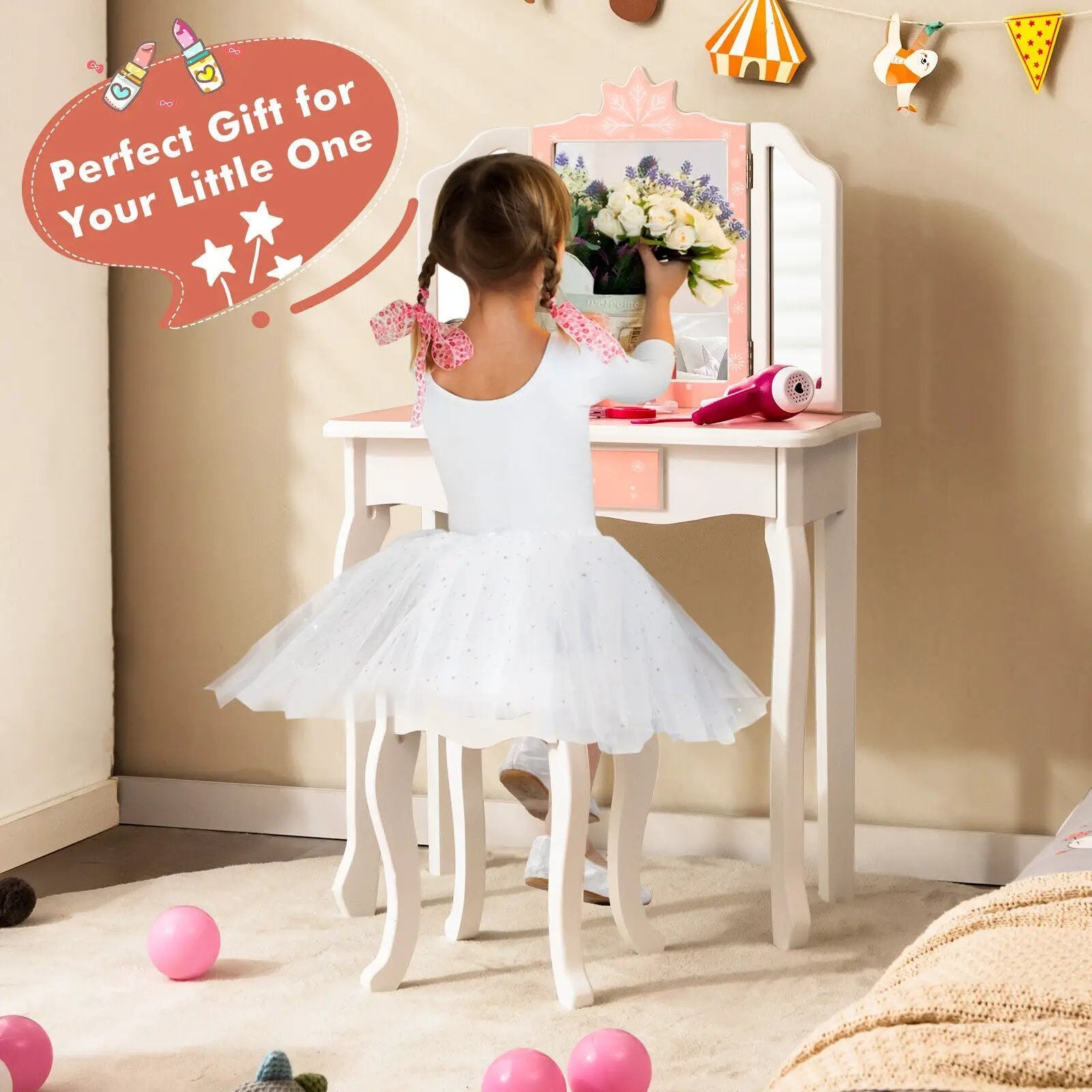 Princess Vanity Table and Chair Set with Tri-Folding Mirror and Snowflake Print-Pink by DirectDeals