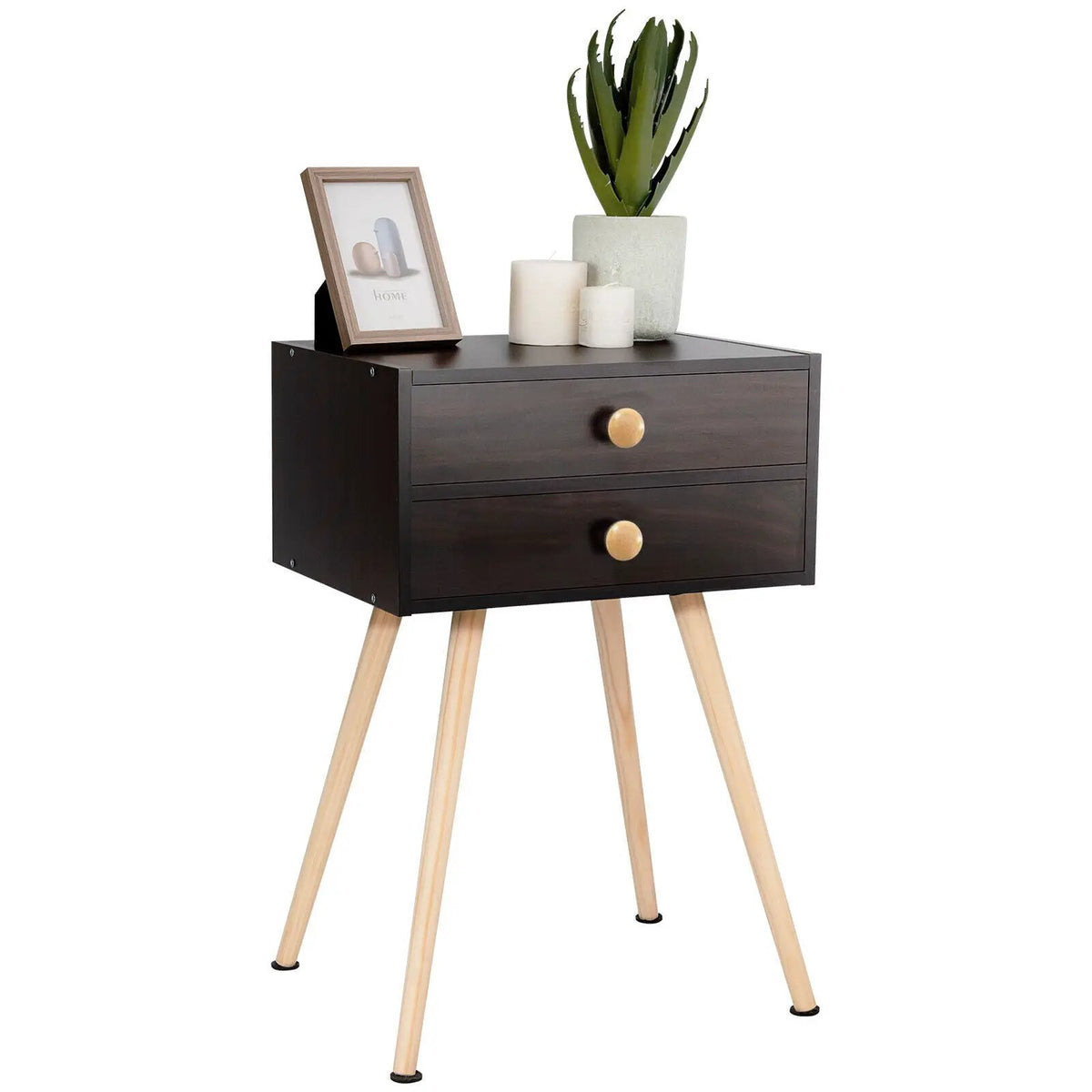Modern Nightstand Bedside Table Mid Century with 2 Drawers-Natural, photo 7 of 10