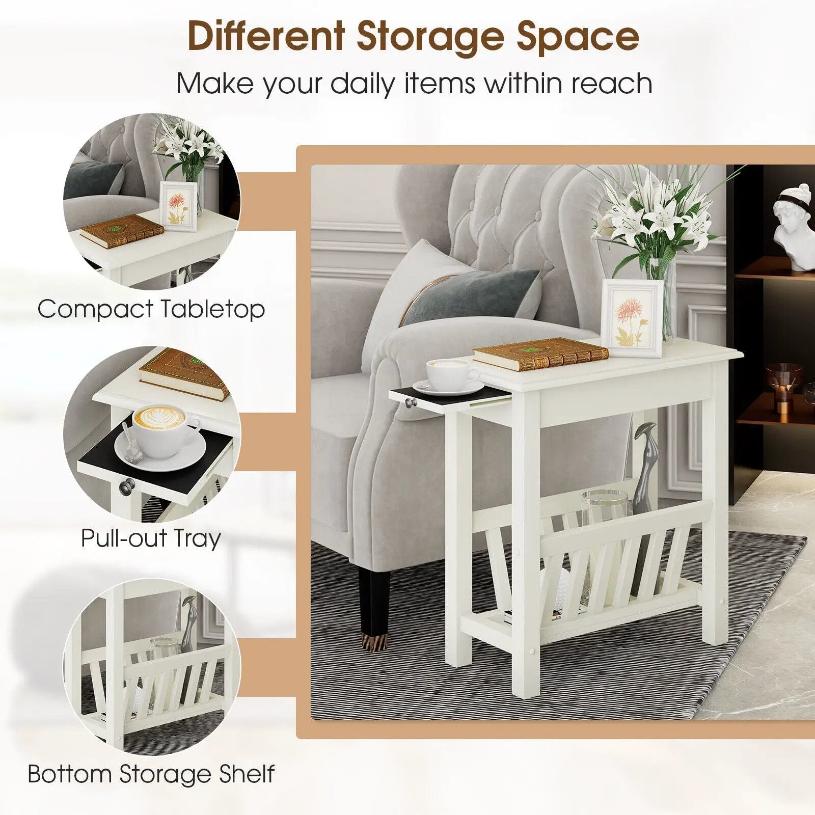 2-Tier End Table with Pull-out Tray and Solid Rubber Wood Legs by DirectDeals