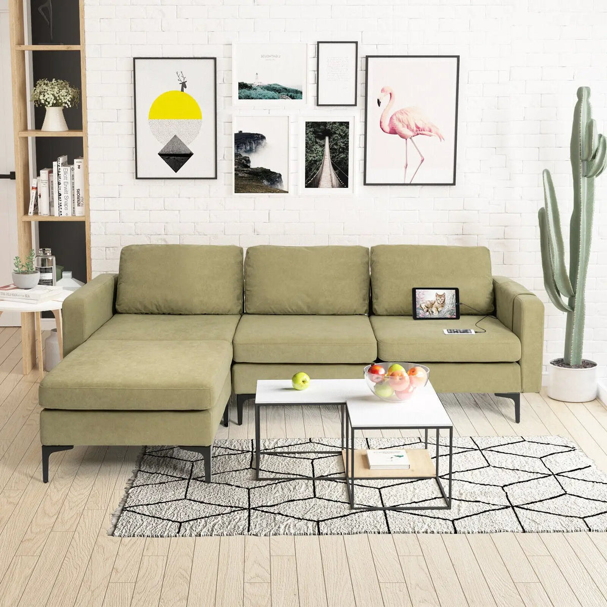 Modular 3-Seat L-shaped Sectional Sofa with Reversible Chaise and 2 USB Ports-Green, photo 5 of 12