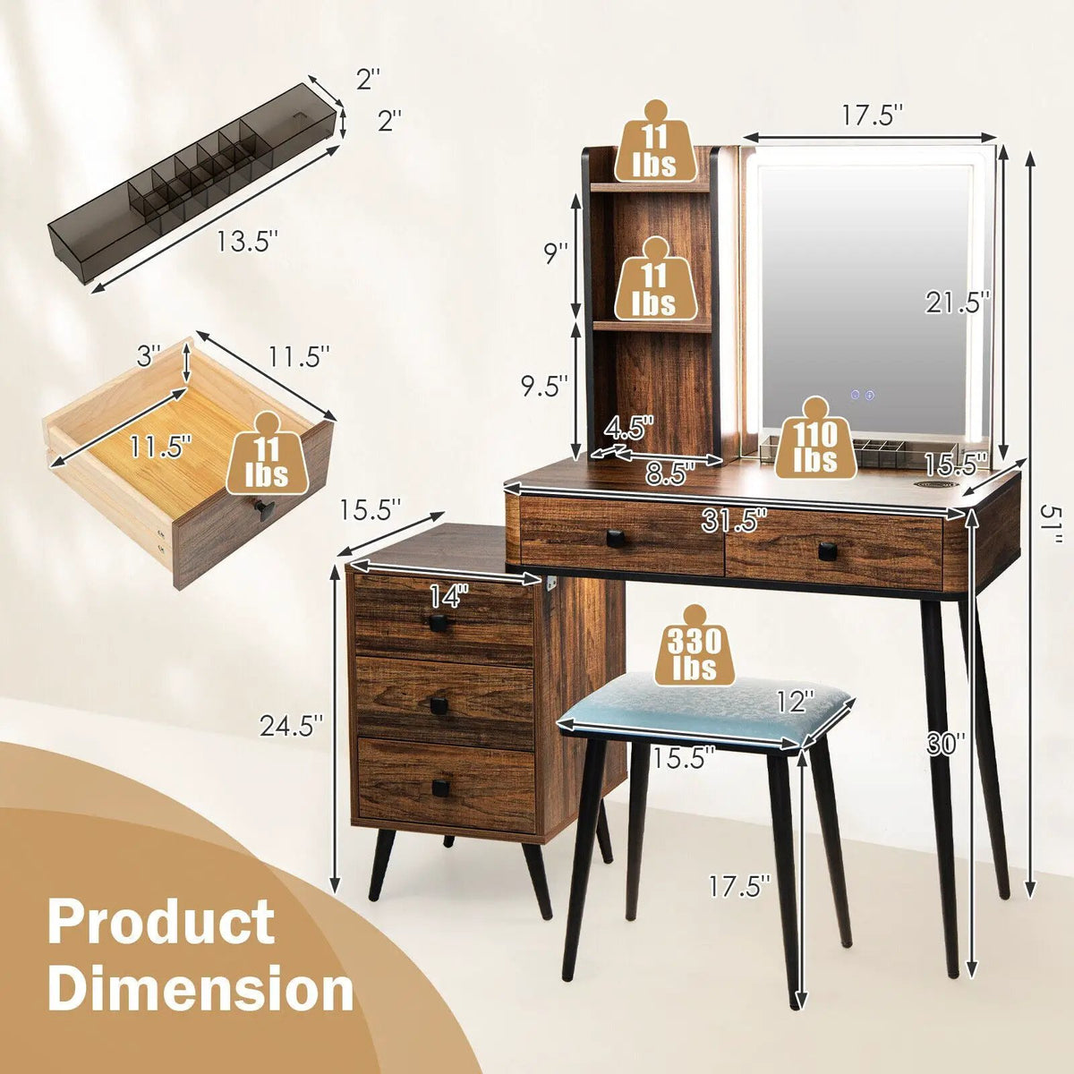Vanity Makeup Table Set with Lighted Mirror, photo 4 of 9