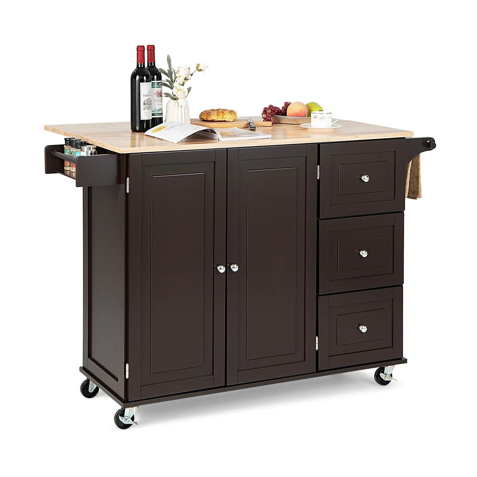 Kitchen Island Trolley Cart Wood with Drop-Leaf Tabletop and Storage Cabinet by DirectDeals