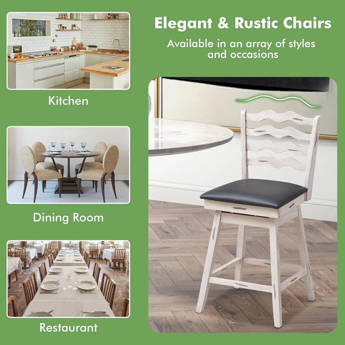 360° Swivel Bar Stools with Rubber Wood Frame and Ergonomic Backrest and Footrest, photo 5 of 9