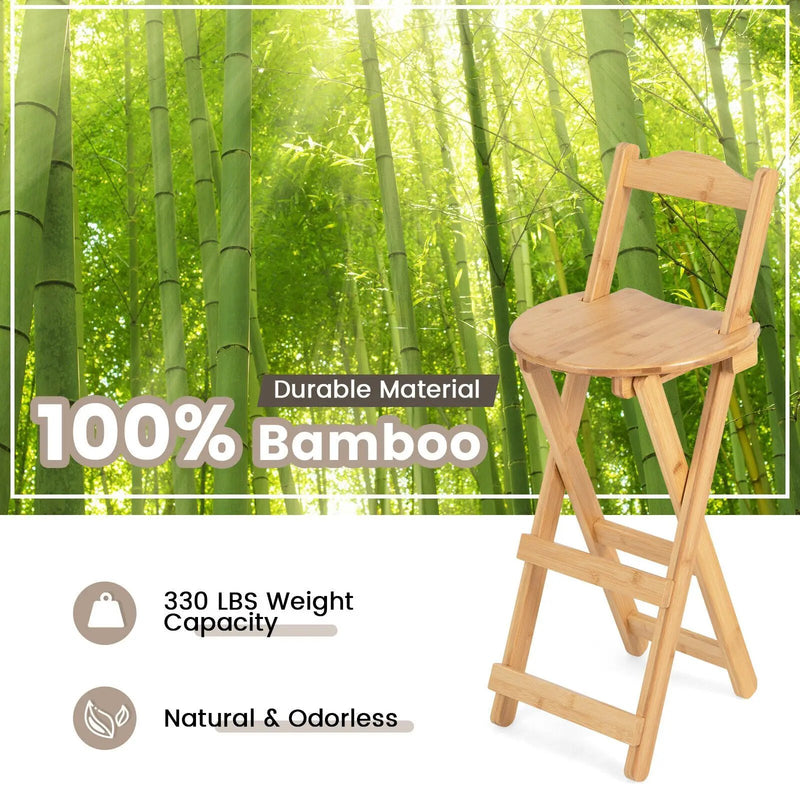 24 Inch Set of 2 Bamboo Folding Barstools with Footrests and Handles-Natural by DirectDeals