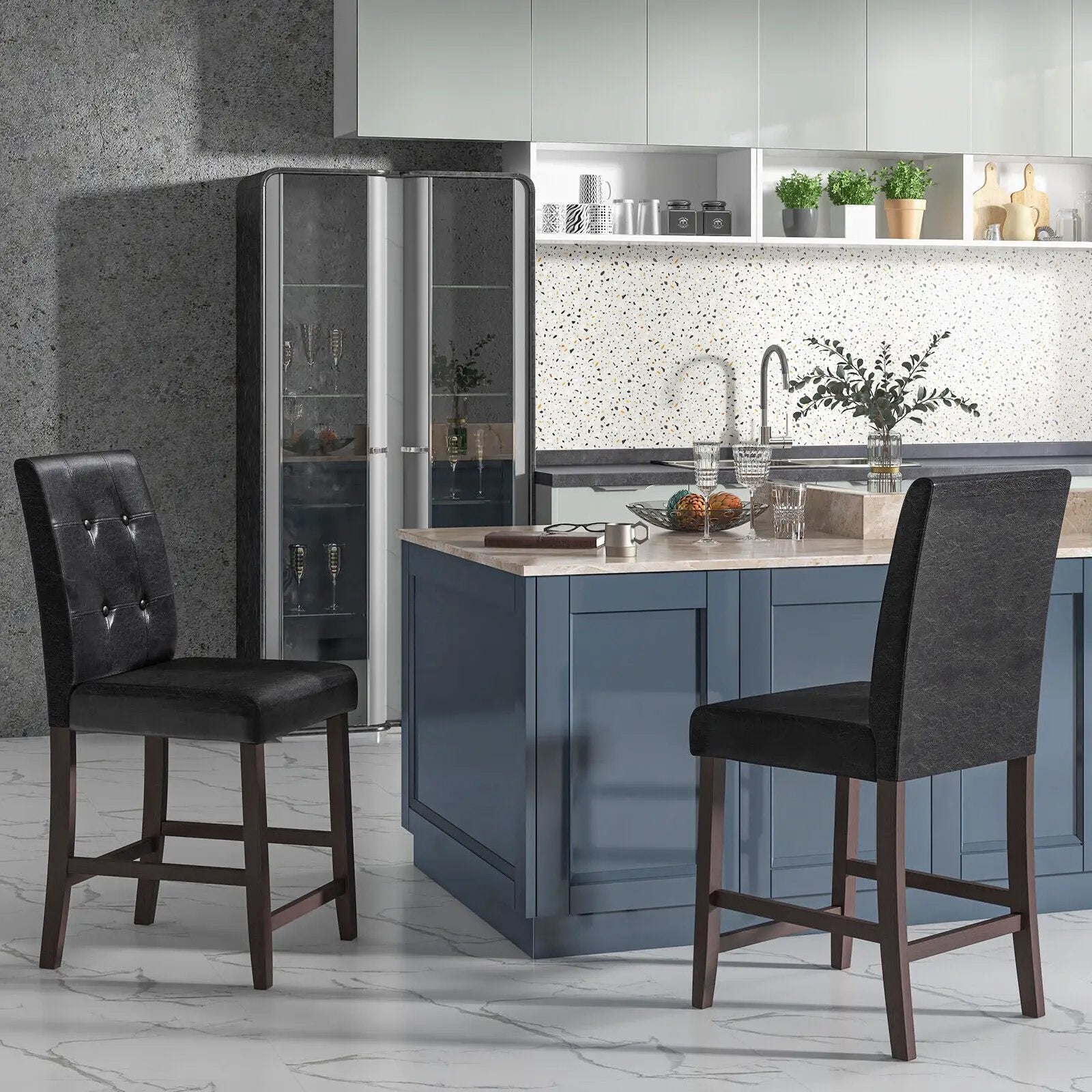 Set of 2 Bar Stools with Rubber Wood Legs and Button-Tufted Back by DirectDeals