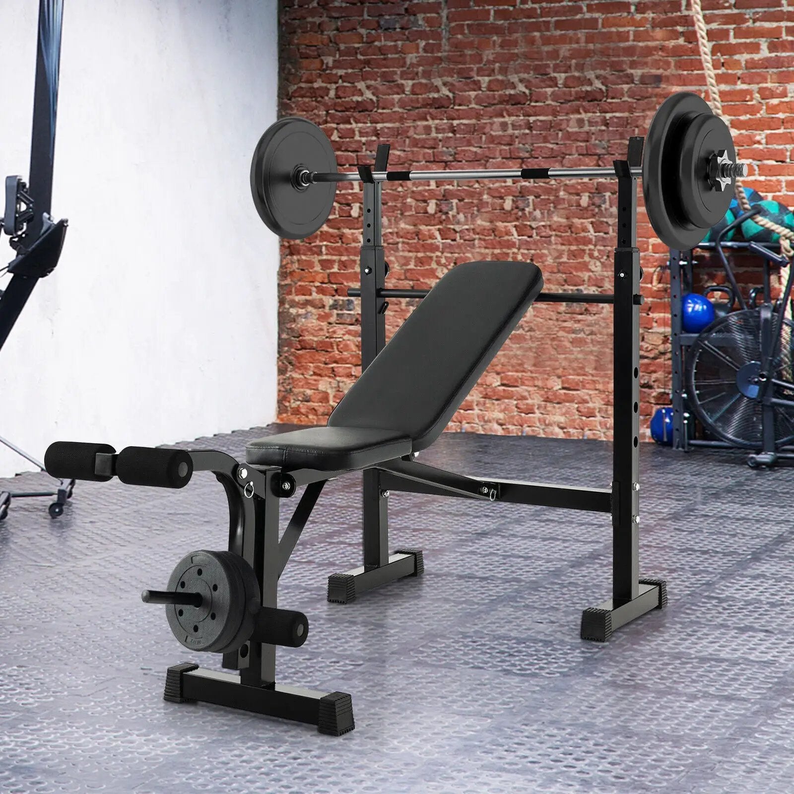 Adjustable Weight Bench and Barbell Rack Set with Weight Plate Post by DirectDeals