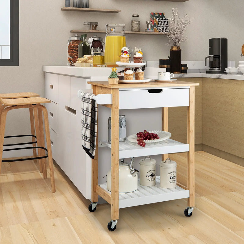 3-Tier Kitchen Island Cart Rolling Service Trolley with Bamboo Top by DirectDeals