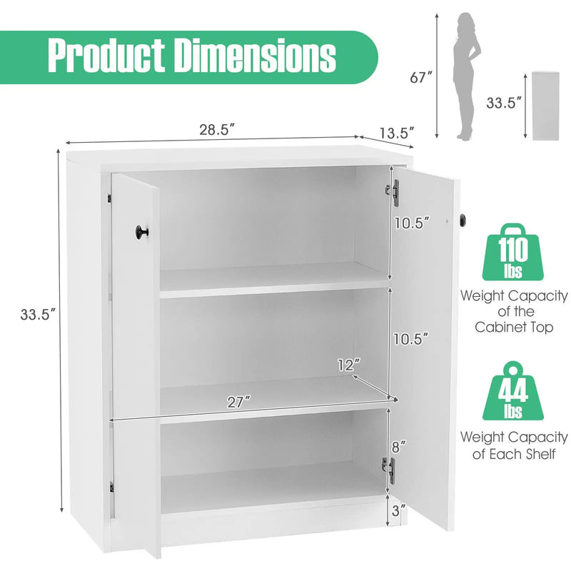 2 Door Storage Base Cabinet with 3-Tier Shelf-White by DirectDeals