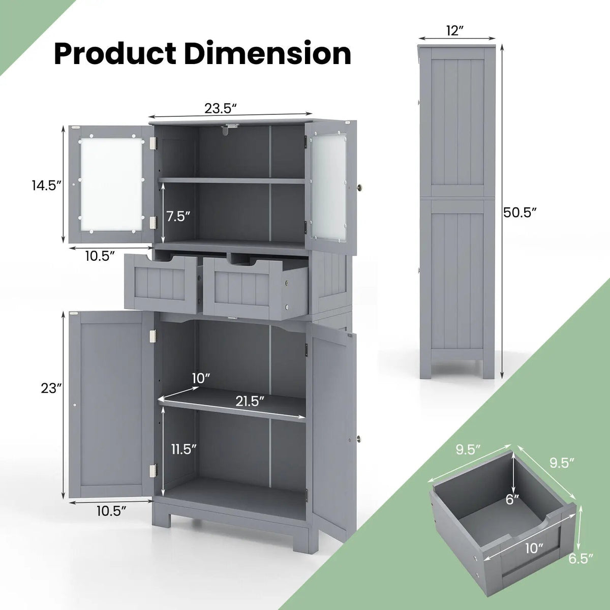 3 Tier Freee-Standing Bathroom Cabinet with 2 Drawers and Glass Doors, photo 4 of 10