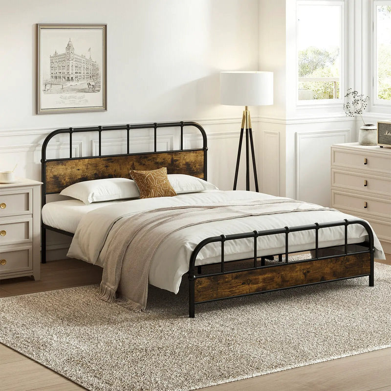 Queen Size Industrial Metal Platform Bed Frame Headboard Mattress Foundation by DirectDeals