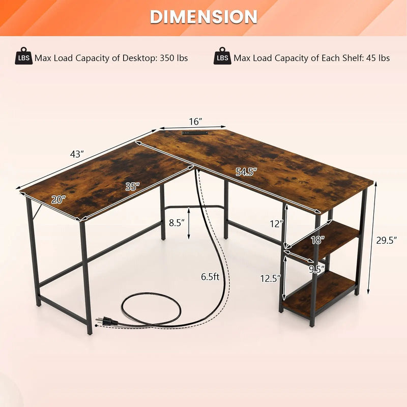 L Shaped Computer Desk with 2 Outlets and 2 USB Ports-Brown by DirectDeals