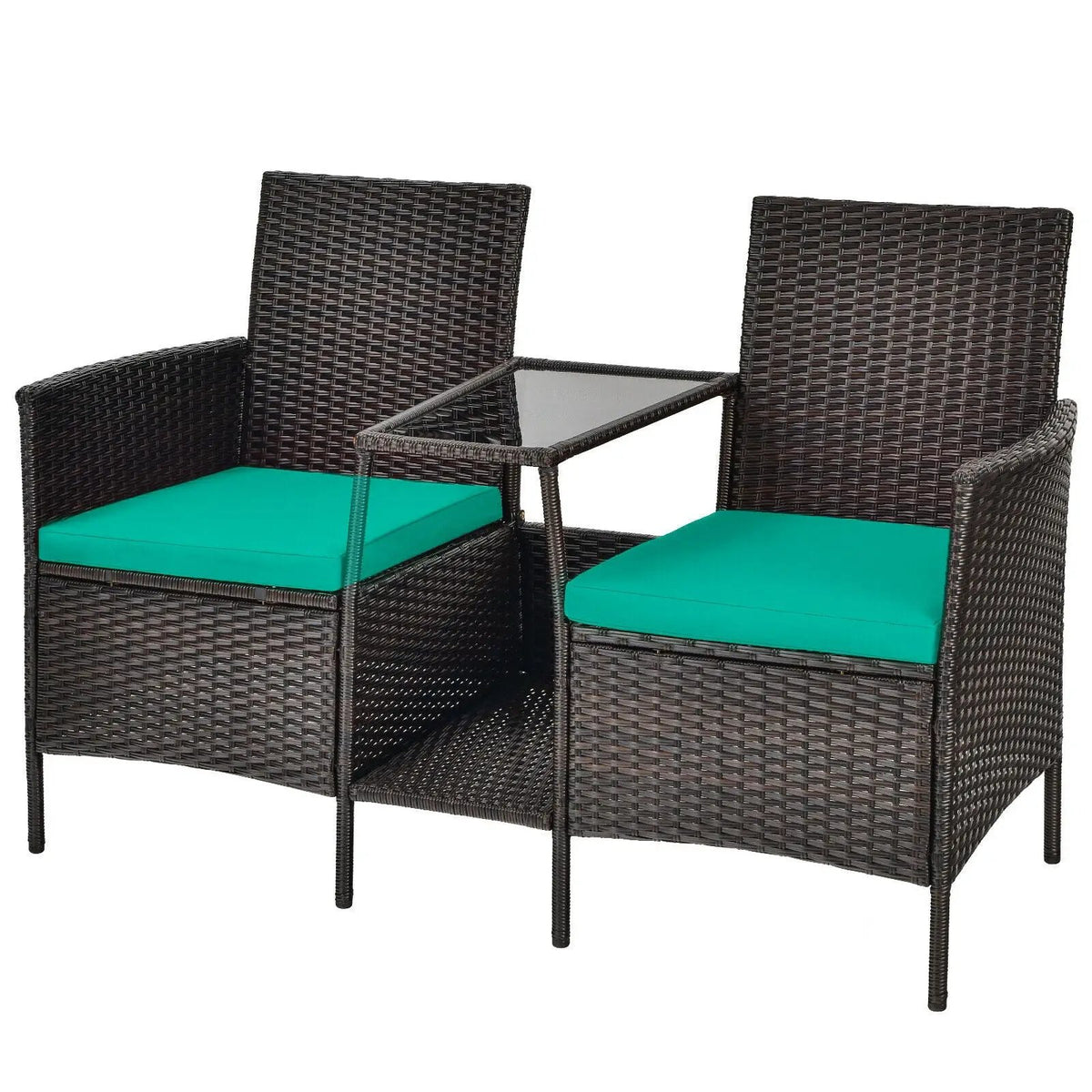 Patio Rattan Wicker Conversation Set Sofa Cushioned Loveseat Glass Table, photo 3 of 11