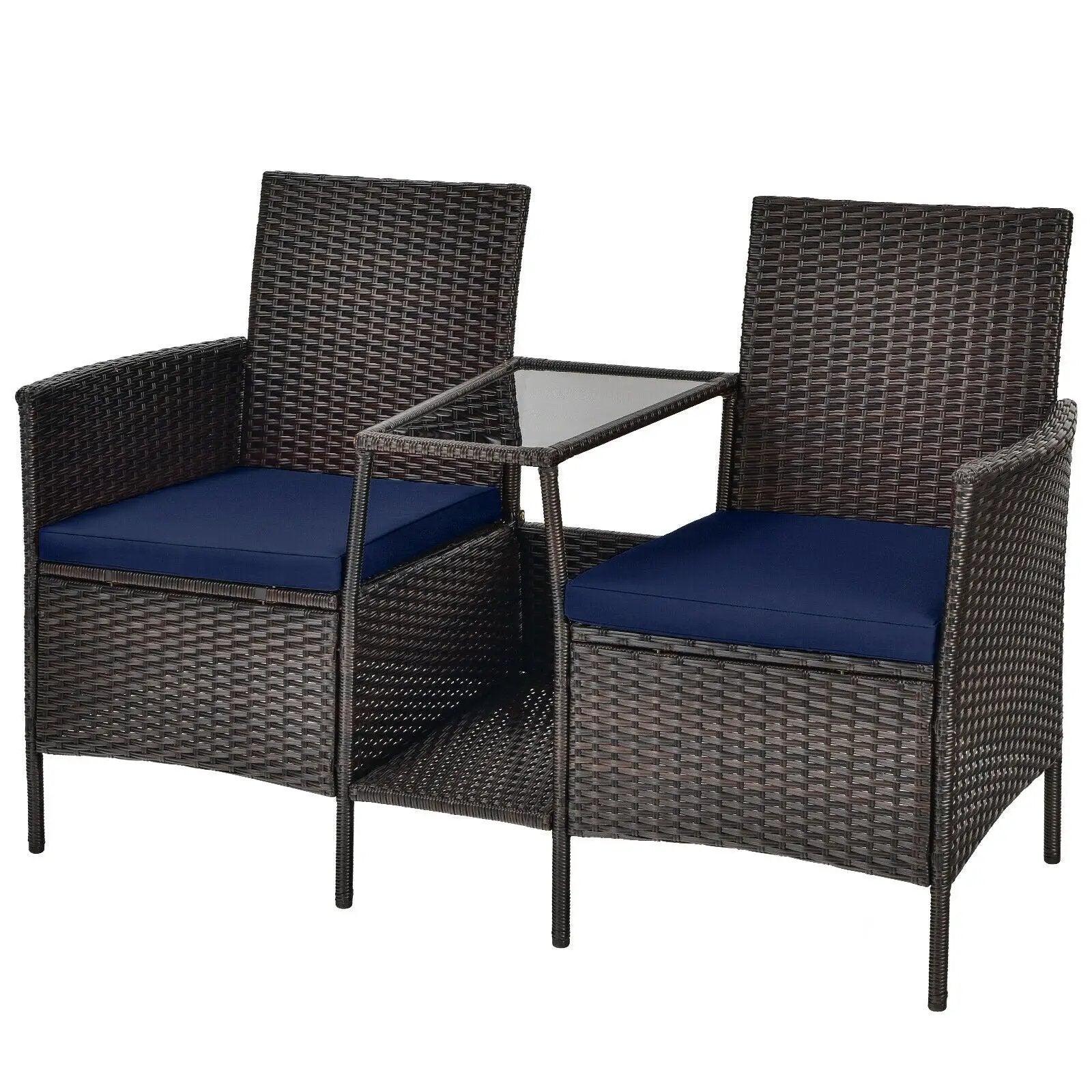 Patio Rattan Wicker Conversation Set Sofa Cushioned Loveseat Glass Table by DirectDeals