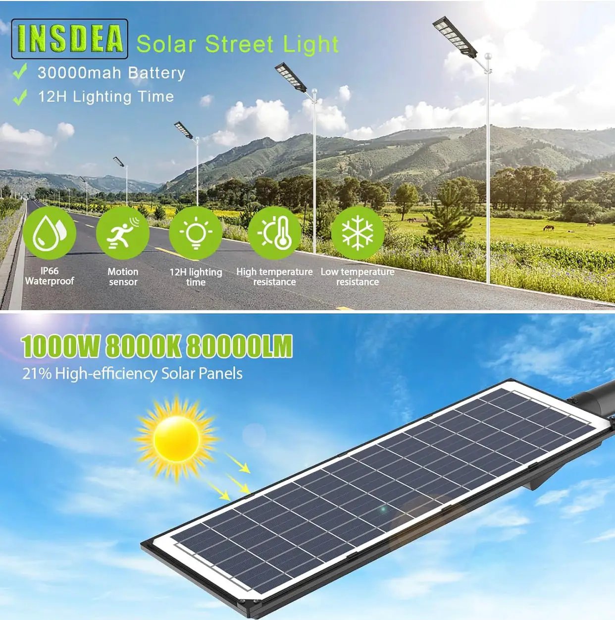 1000W Solar Street Light Motion Sensor, 80000LM IP65 Waterproof with Remote Control by Outdoor Solar Outlet