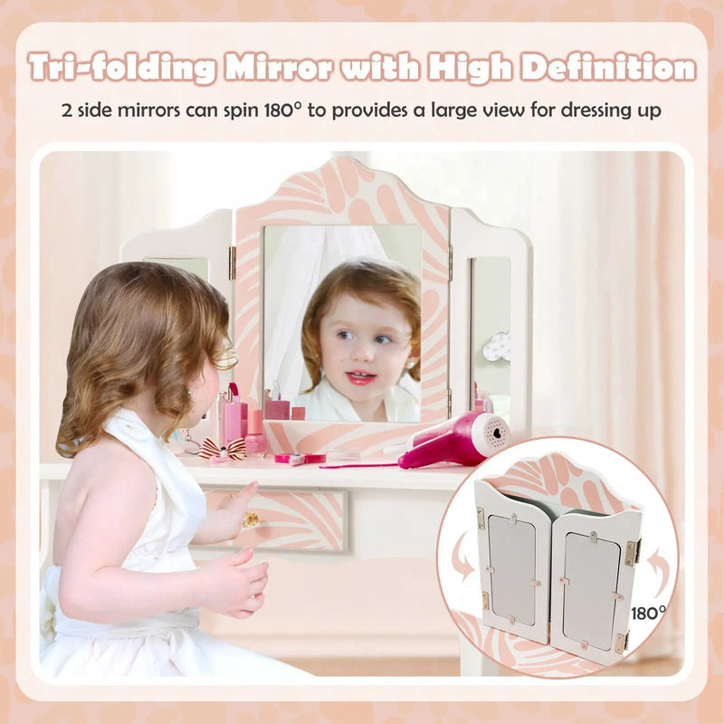 2-in-1 Kids Vanity Table Set with Tri-folding Mirror-Pink by DirectDeals