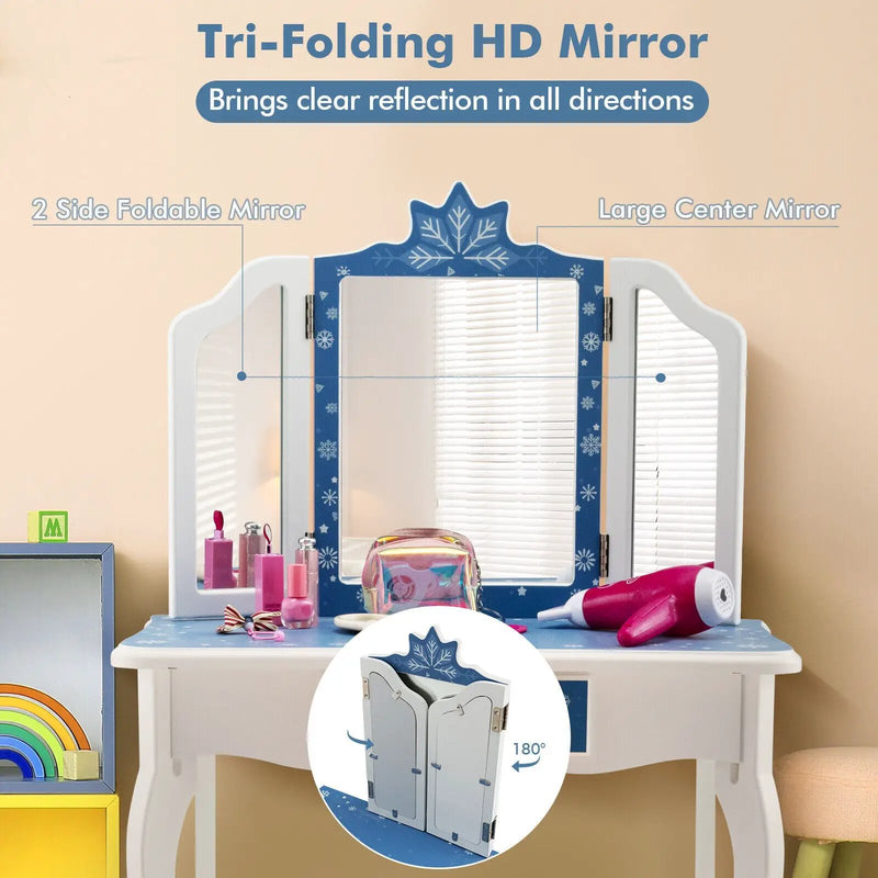 Princess Vanity Table and Chair Set with Tri-Folding Mirror and Snowflake Print-Blue by DirectDeals
