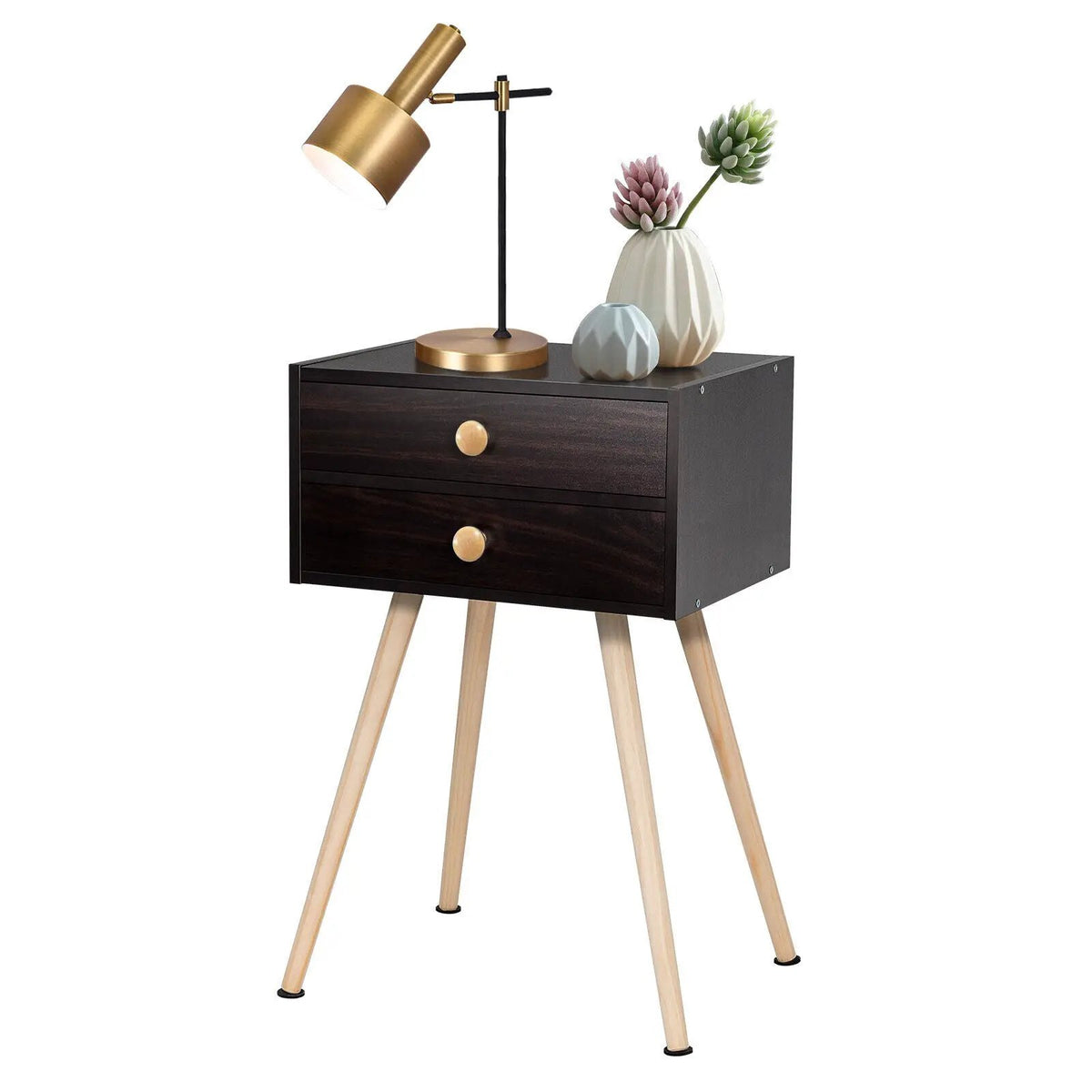 Modern Nightstand Bedside Table Mid Century with 2 Drawers-Natural, photo 4 of 10