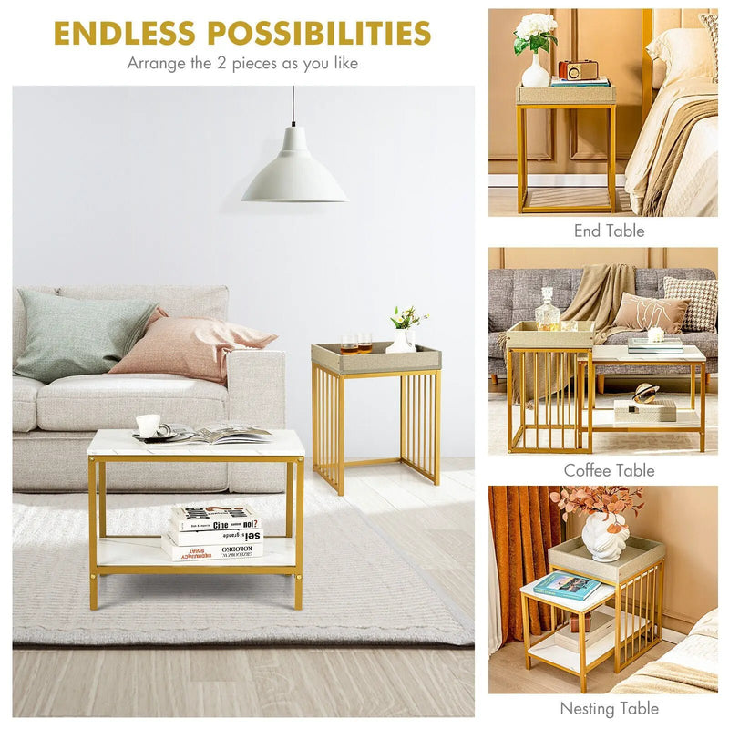 2 Pieces Nesting Coffee Table Set for Living Room-White by DirectDeals