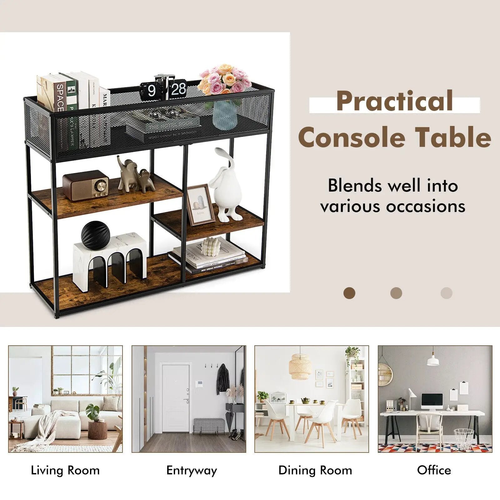 4-Tier Industrial Console Table with Wire Basket and shelf-Rustic Brown by DirectDeals