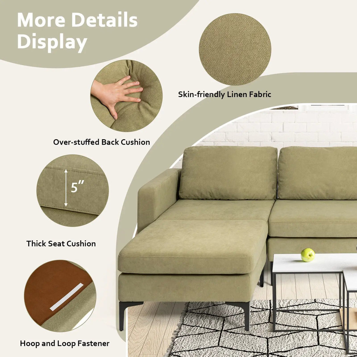 Modular 3-Seat L-shaped Sectional Sofa with Reversible Chaise and 2 USB Ports-Green, photo 7 of 12