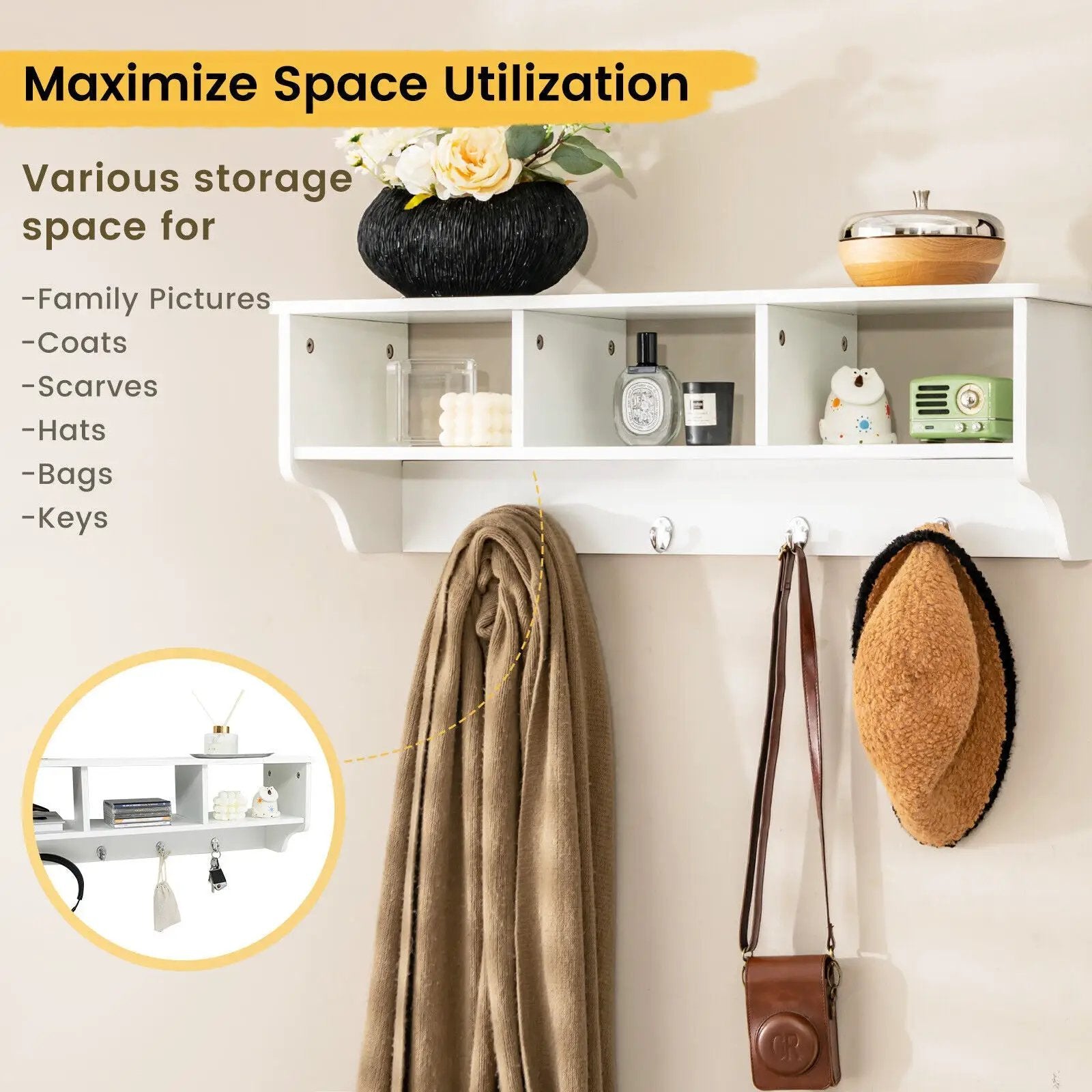 Wall Mount Cubby Organizer Hooks Entryway Storage Shelf by DirectDeals